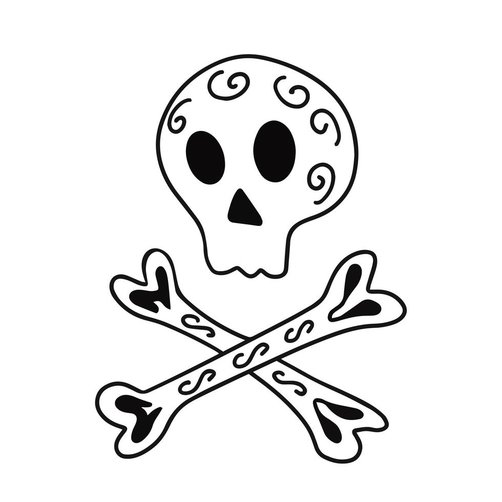 schedel, botten op een witte achtergrond. doodle illustratie voor halloween, printen, logo, wenskaarten, posters, stickers, textiel en seizoensgebonden design. vector