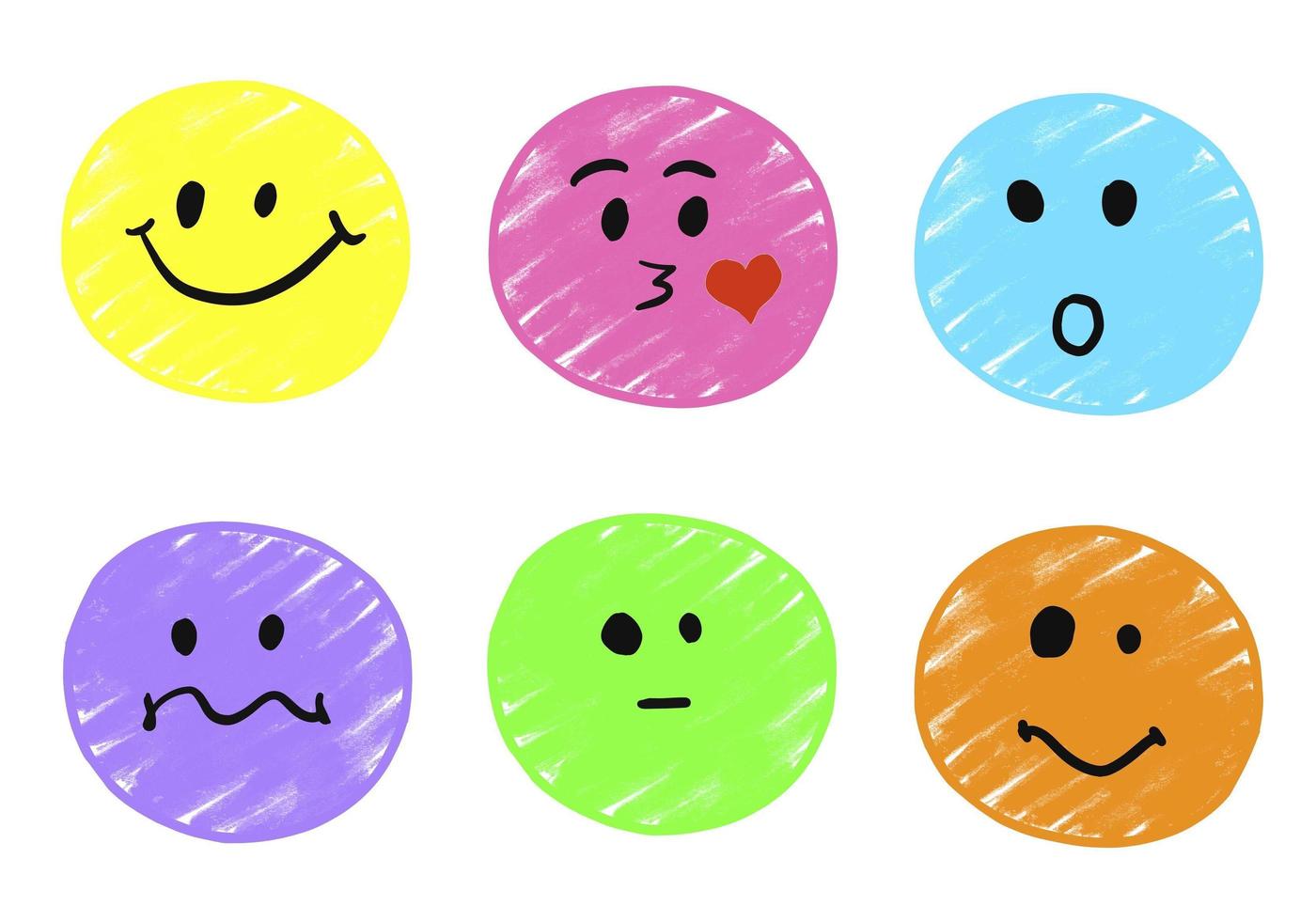 set van leuke grappige emoticons. emoji-set. ingesteld voor sociale netwerken, messenger en chats. verschillende glimlachen met lachkusjes verrassing liefde en verdriet vector