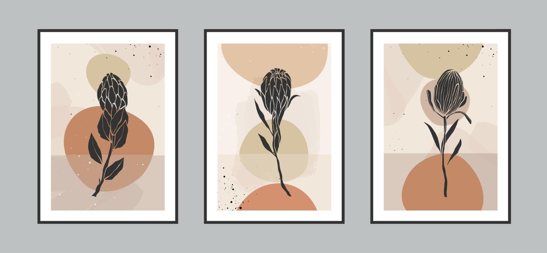 moderne abstracte protea bloem en tropische bladeren lijn kunst achtergrond met verschillende vormen voor wanddecoratie, briefkaart of brochure cover design. vector illustraties ontwerp