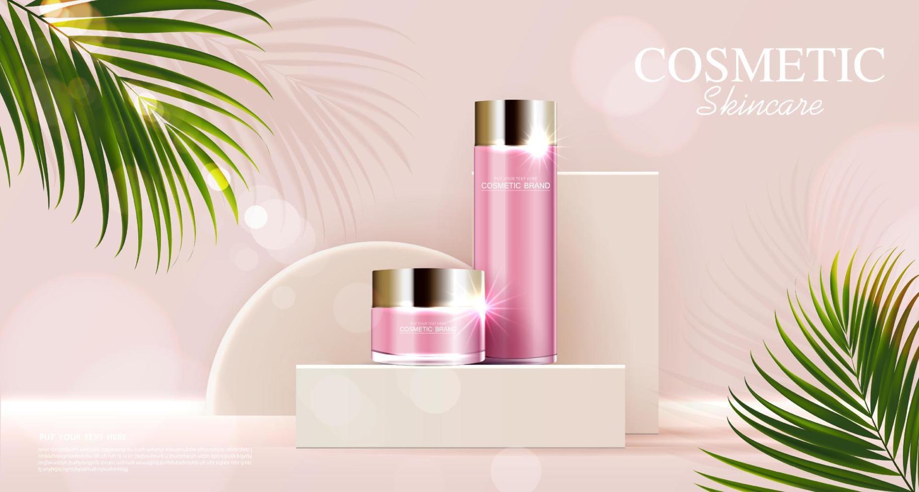 cosmetica of huidverzorgingsproduct advertenties met fles, roze achtergrond met tropische bladeren. vector illustratie ontwerp