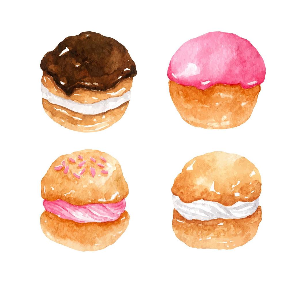 set van soesjes met vla geïsoleerd op een witte achtergrond. vanille, aardbei, chocolade desserts. aquarel handgetekende illustratie. perfect voor uw project, kaarten, prints, covers, menu. vector