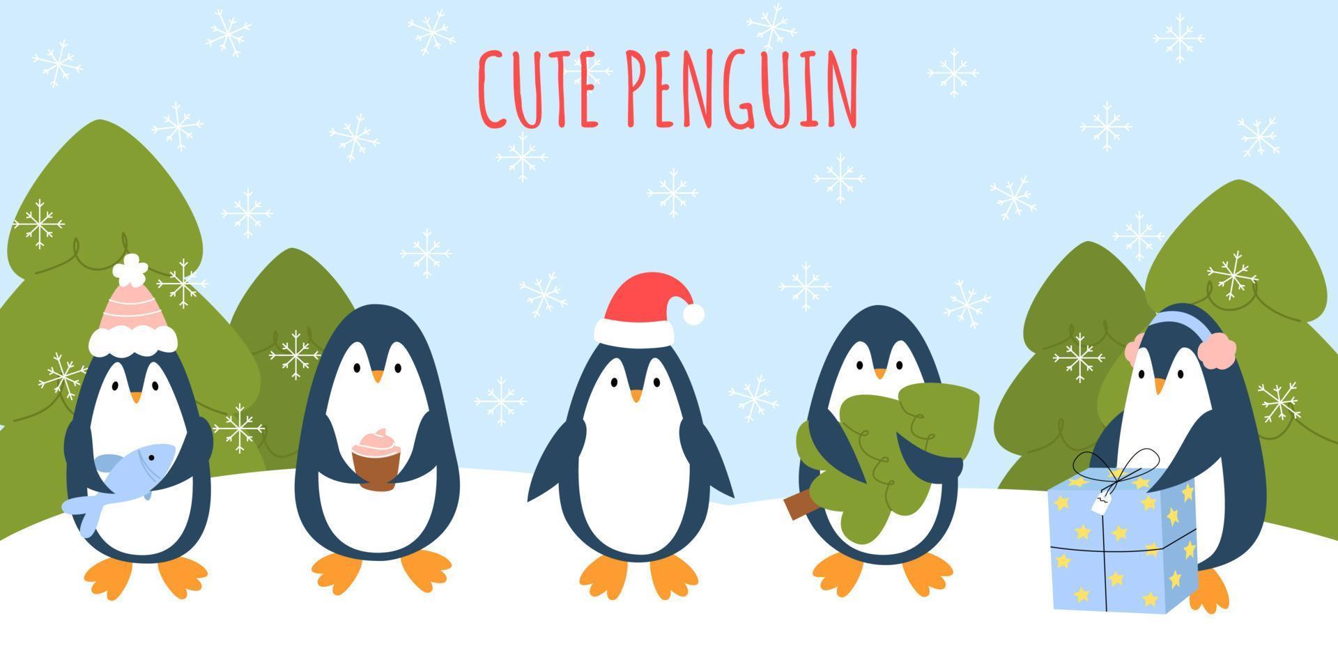 stel schattige pinguïns in met winter-, kerst- en nieuwjaarselementen. grappige dieren voor kaart, poster, brochure, pagina, banner. tekst schattige pinguïn. vectorillustratie in cartoon-stijl met achtergrond. vector