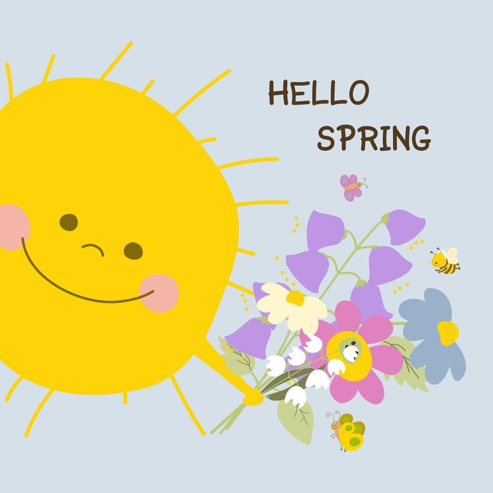 gele schattige zon met lentebloemen. vlinders en een bij vliegen. cartoon stijl vectorillustratie. handtekening. voor print, webdesign. vector