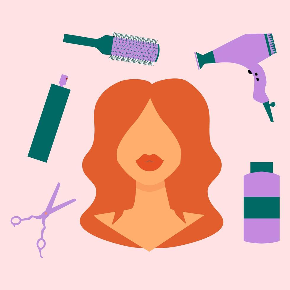 gember meisje met rode lippenstift. er zijn kappers tools haardroger, spray, schaar, borstel, shampoo rond haar head.pink background.hispanik latino amerikaanse vrouwen. er zijn kappershulpmiddelen. vector