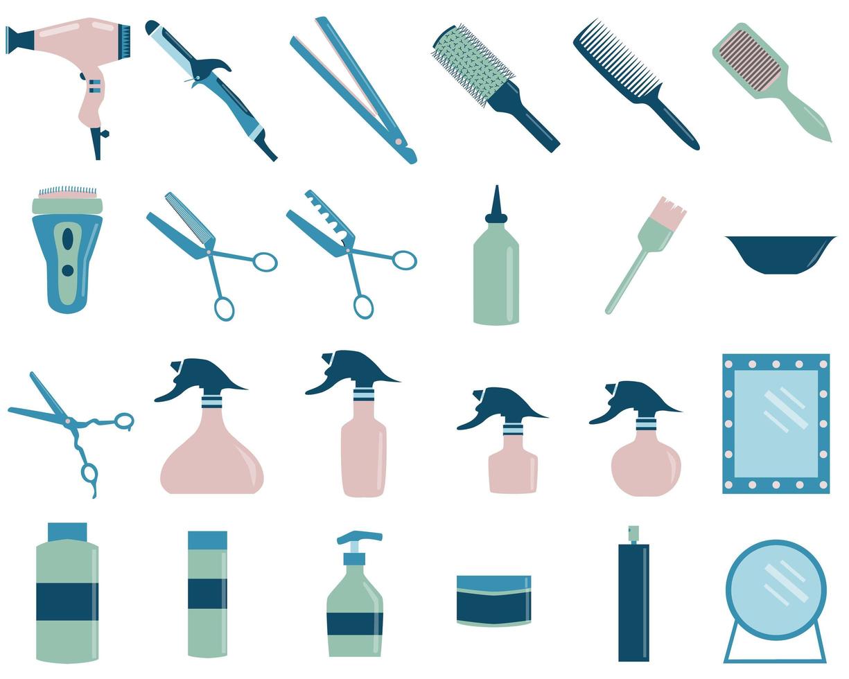 haarverzorging grote set met verschillende onderdelen zoals een droger, stijltang, krultang, schaar, spray, shampoo, spiegel en andere. kapper gereedschap platte geïsoleerde pictogrammen vector