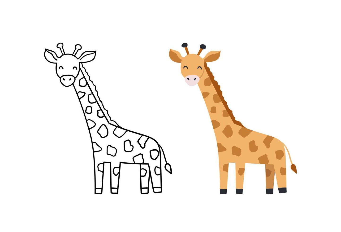 vector handgetekende illustratie met giraffe. leuk grappig dier. contour- en kleurenversie.