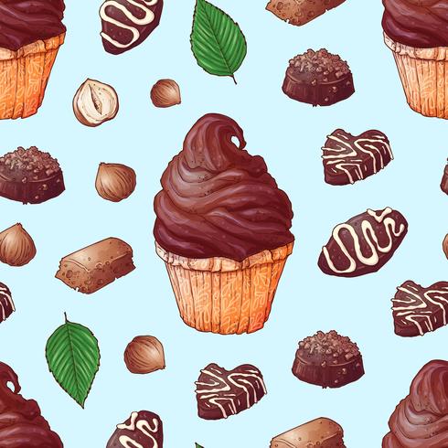 Naadloos patroon van cupcakes chocolade hand tekening. Vector