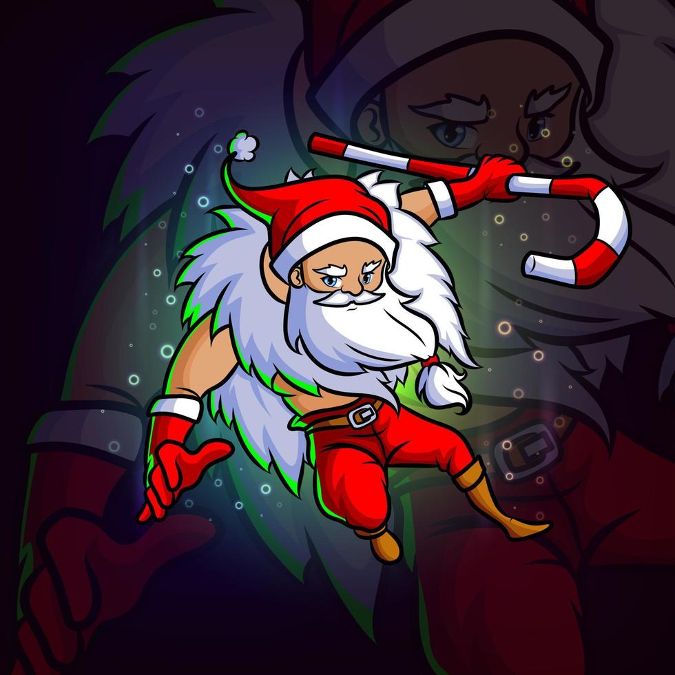 de coole kerstman met candy stick esport mascotte ontwerp vector