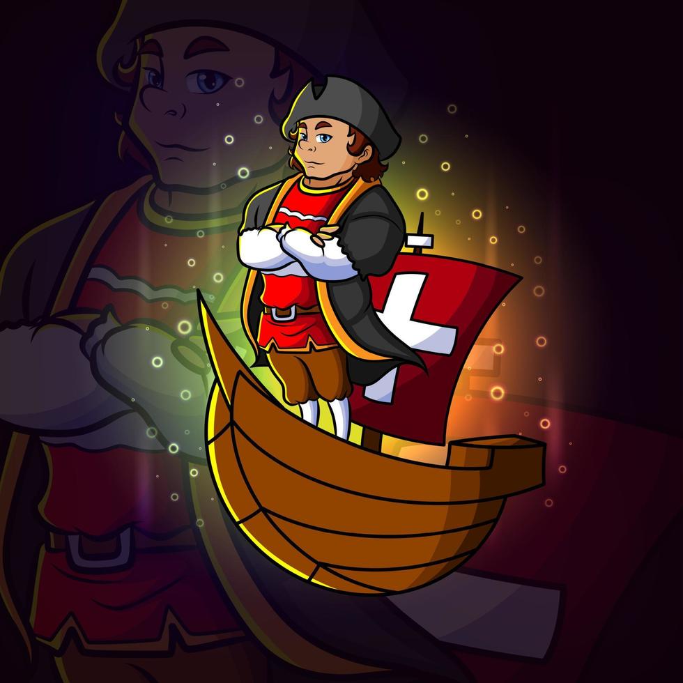 de christopher columbus piraten staat op het schip esport mascotte ontwerp vector