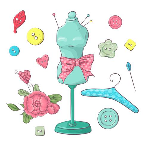 Set mannequin naai-accessoires. Handtekening. Vector illustratie