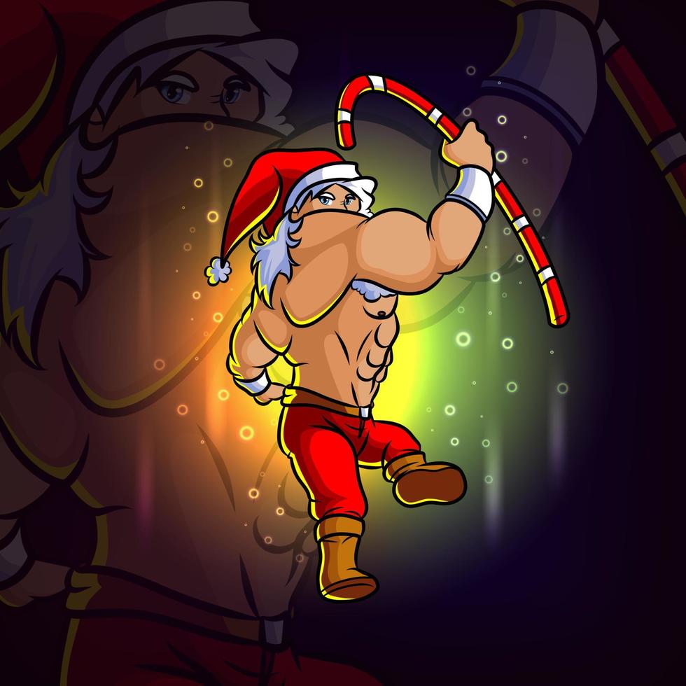 de jonge kerstman met het candy stick esport-logo-ontwerp vector