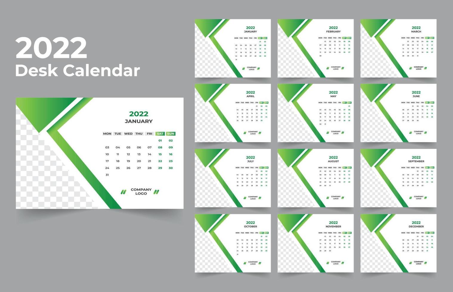 bureau kalendersjabloon. de week start maandag op zondag. set van 12 maanden. vector