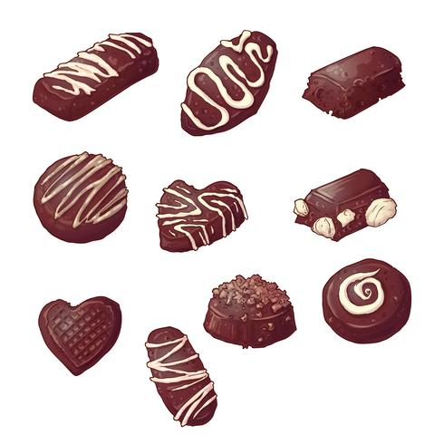 Chocolade snoepjes instellen. Vector illustratie Hand tekening