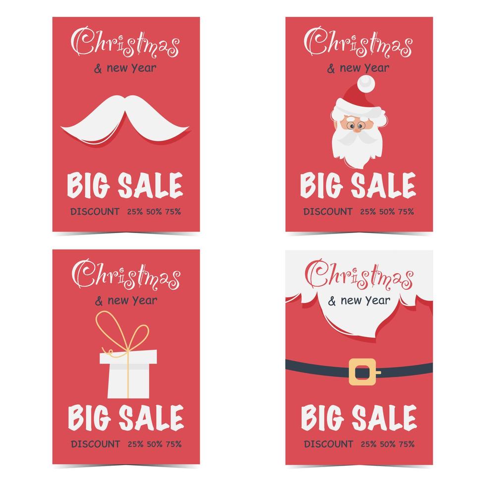 winter kerst en nieuwjaar grote verkoop posters set. rode kortingsbanners, promotiecoupons, advertentiemateriaal met de kerstman, geschenkdoos, snor en baard. platte vectorillustratie. vector