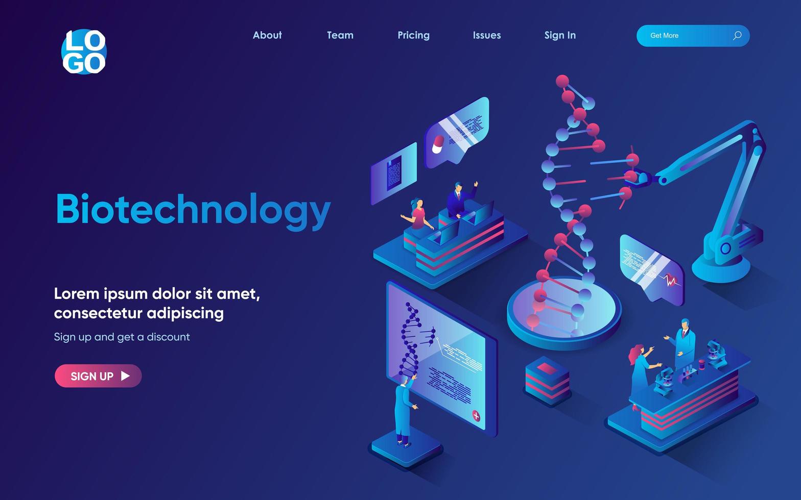 biotechnologie concept isometrische bestemmingspagina. wetenschappelijk team dat werkt met dna-molecuul, onderzoek naar genetische manipulatie, 3D-webbannersjabloon. vectorillustratie met mensenscène in plat ontwerp vector