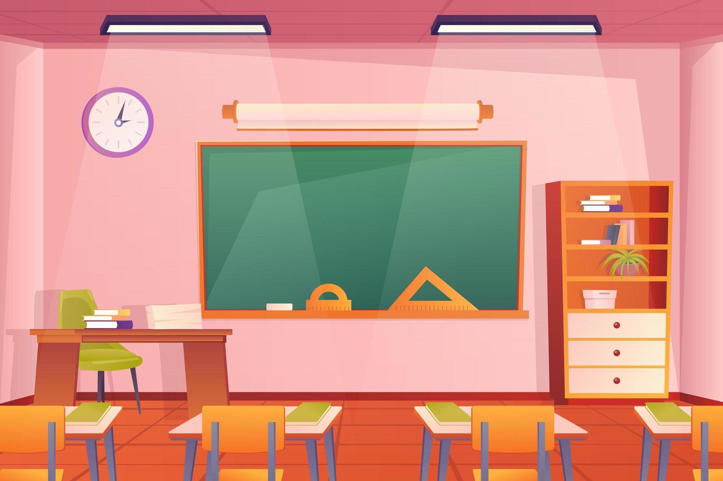 school klas interieur concept in platte cartoon design. kamer- en meubelbehang. klas met leerlingenbureaus, stoelen, lerarenbureau, krijtbord, boekenkast en decor. vector illustratie achtergrond