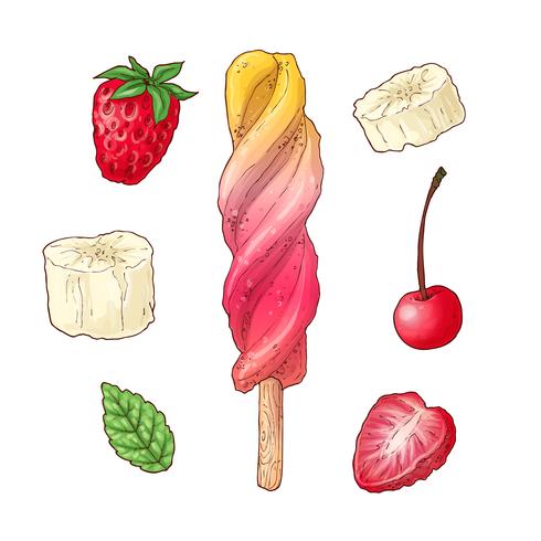 Stel ijsframbozen cherry banaan. Handtekening. Vector illustratie