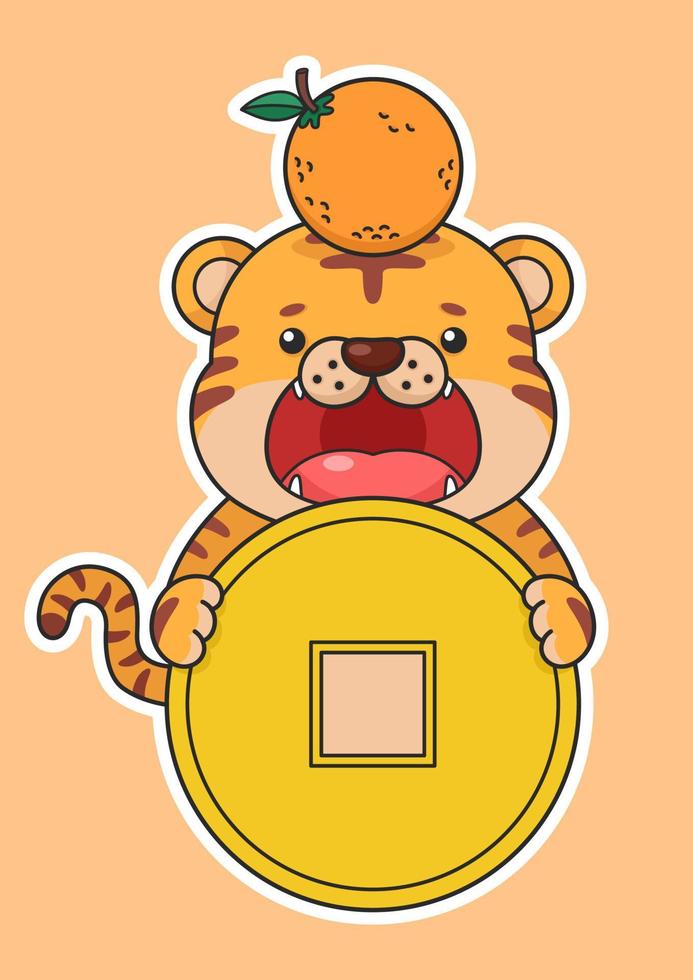 schattige chinees nieuwjaar tijger met gouden muntgeld vector