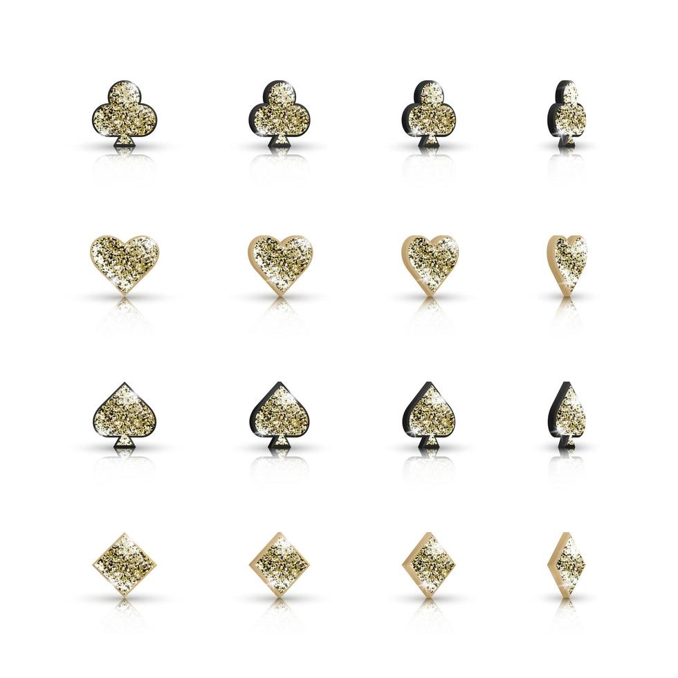 set van 3D-pictogrammen pakken van speelkaarten met gouden glitter wordt gedraaid onder verschillende hoeken geïsoleerd op een witte achtergrond. vectorsymbolen voor casino, apps en websites of gamedesign vector