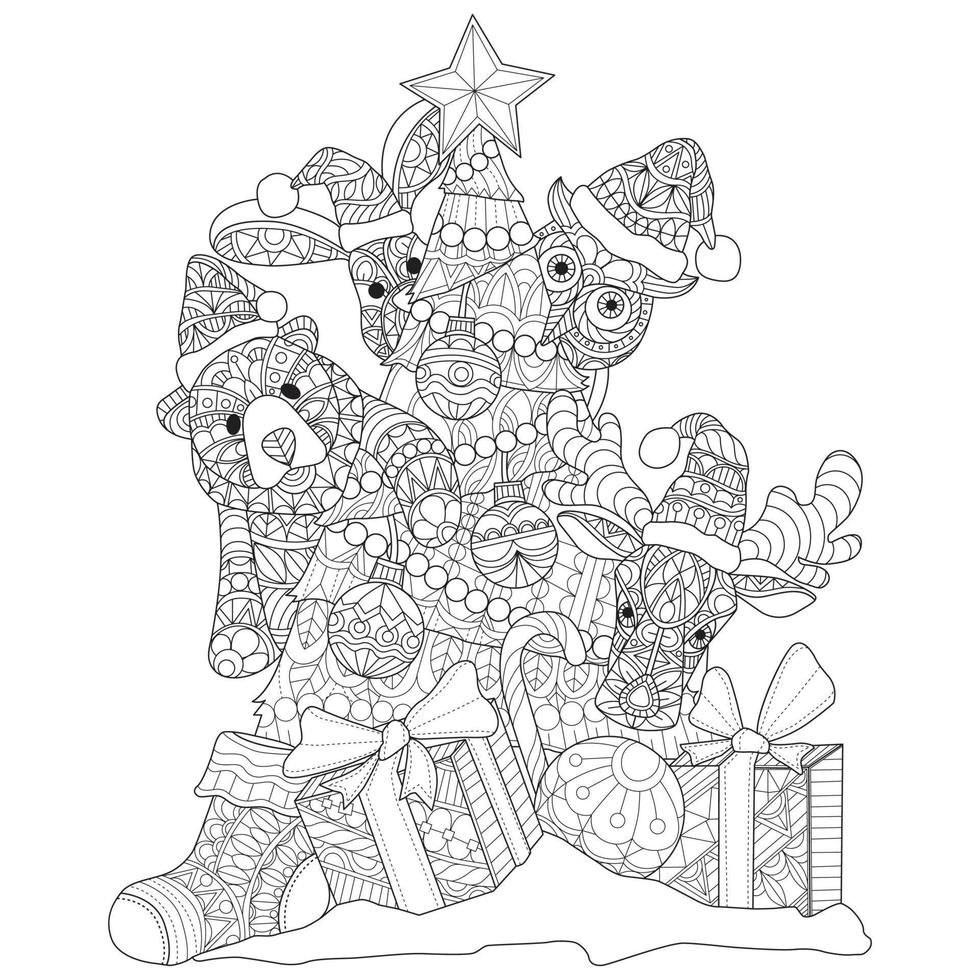 schattige dieren en kerstboom met de hand getekend voor kleurboek voor volwassenen vector