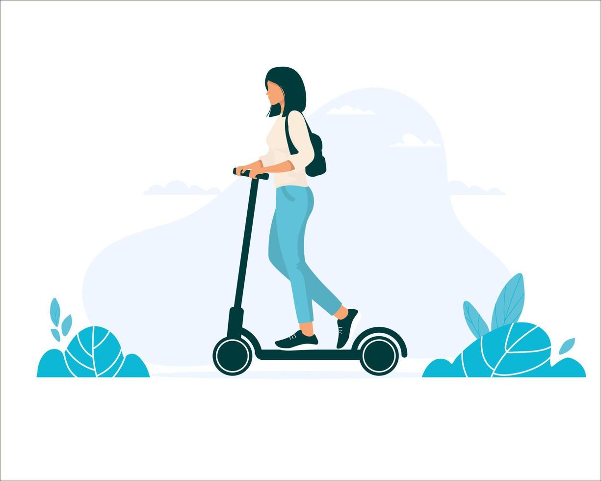 vrouw rijden elektrische scooter, platte vectorillustratie. jong meisje rijdt op een milieuvriendelijk elektrisch voertuig vector