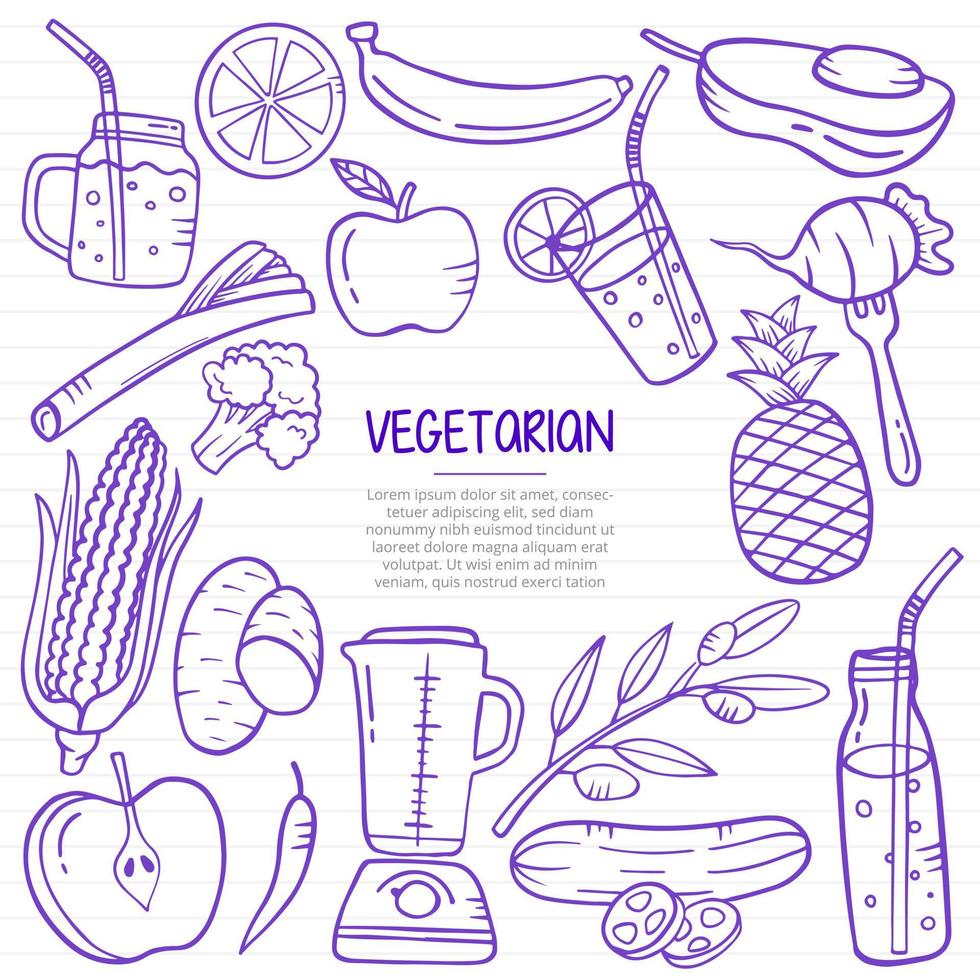 vegetarische doodle hand getekend met kaderstijl op papier boeken lijn vector
