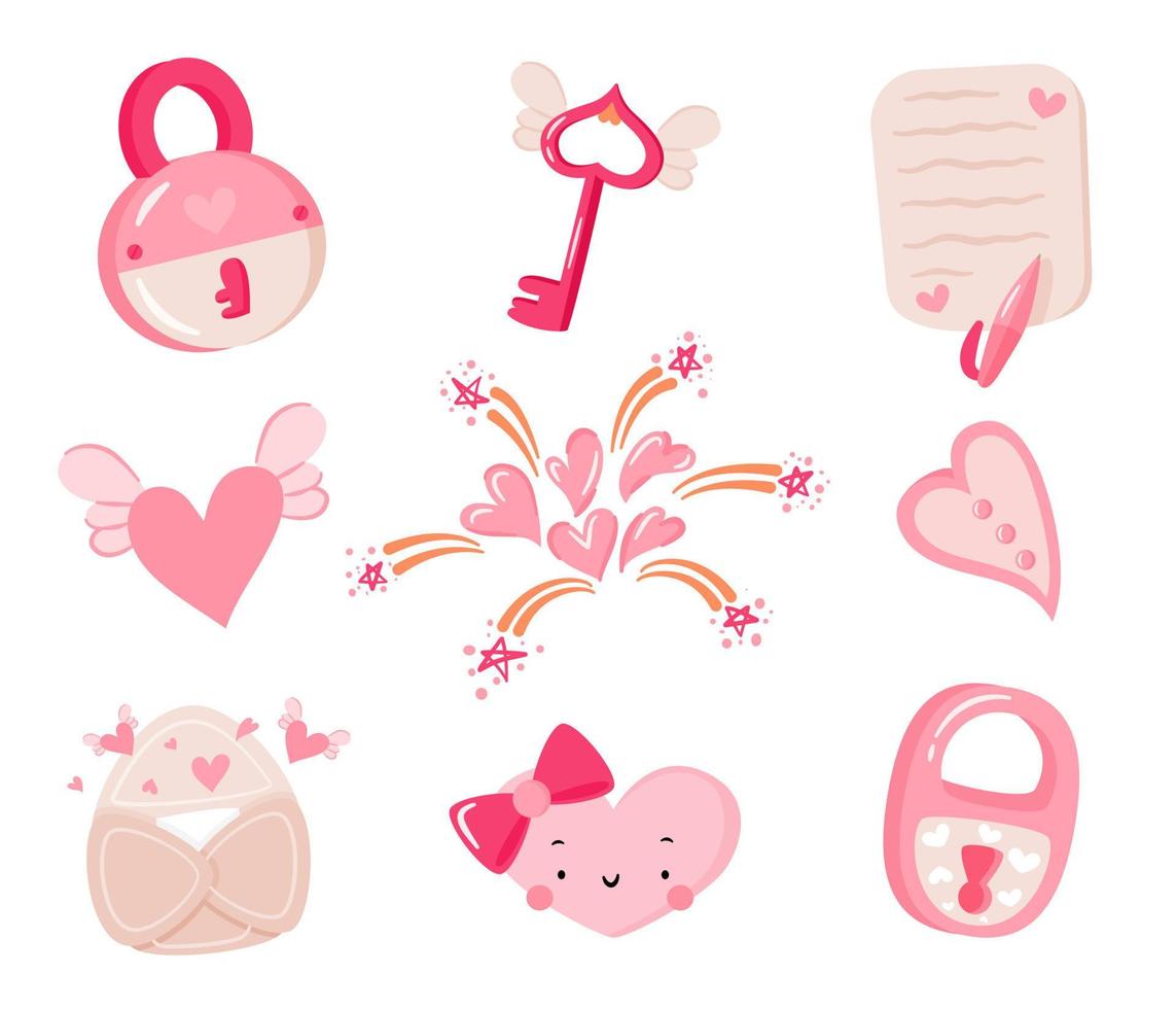 Valentijnsdag elementen. romantische doodles voor decoraties - harten, sleutel, hangsloten, envelop, brief. platte vectorillustratie. vector