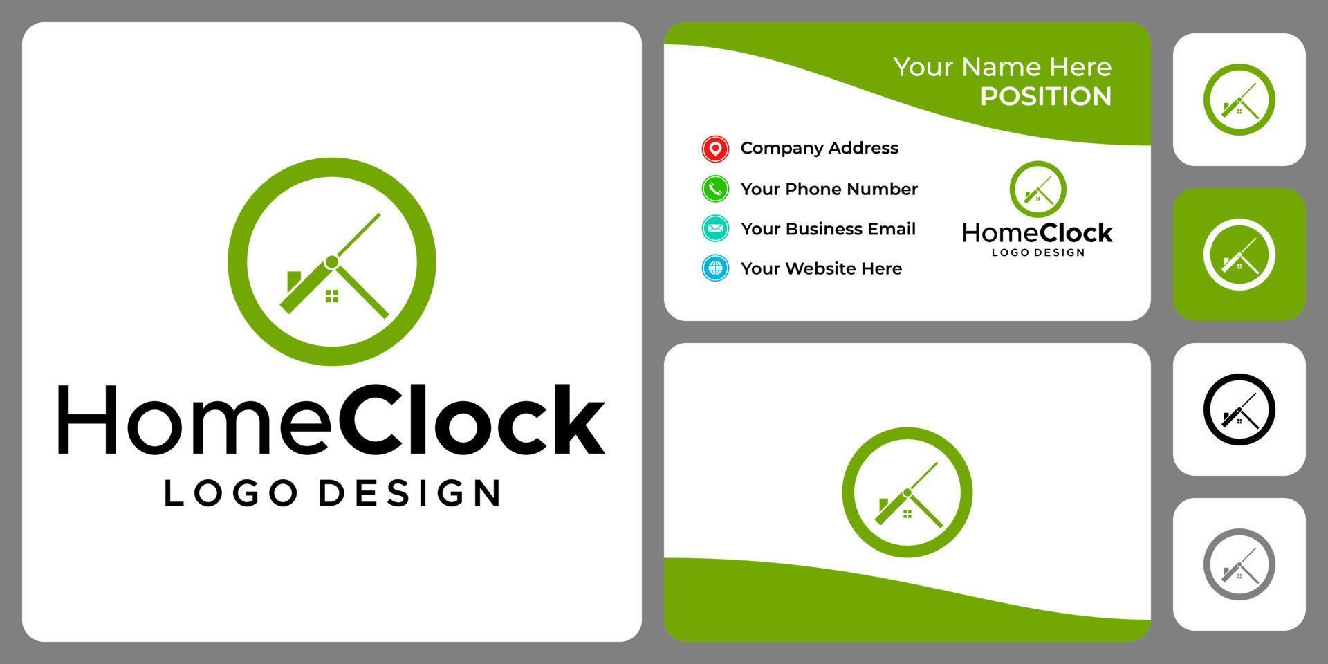 klok en huis logo-ontwerp met sjabloon voor visitekaartjes. vector