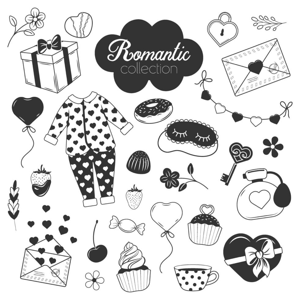 leuke romantische monochrome collectie. pyjama, cake, sleutel, hart, brieven. veel zwarte objecten, cartoonstijl. vectorillustratie. geïsoleerd op wit. vector