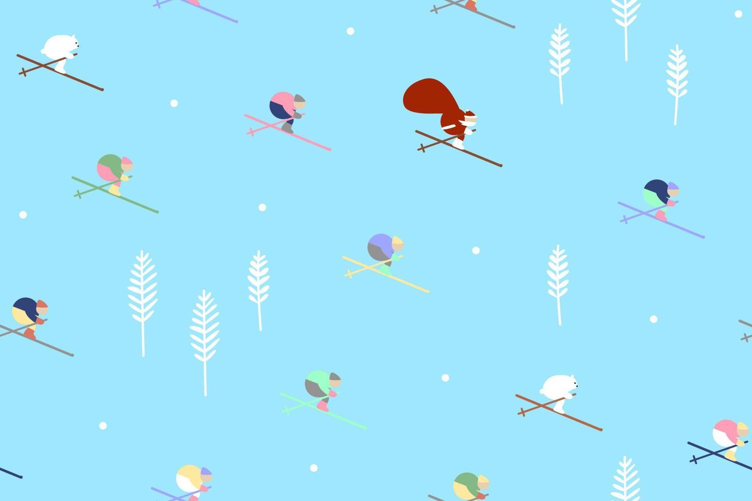 sneeuw skiën naadloze patroon met sneeuw past achtergrond via platte cartoon ski renners in vectorillustratie voor achtergrond en wallpaper vector