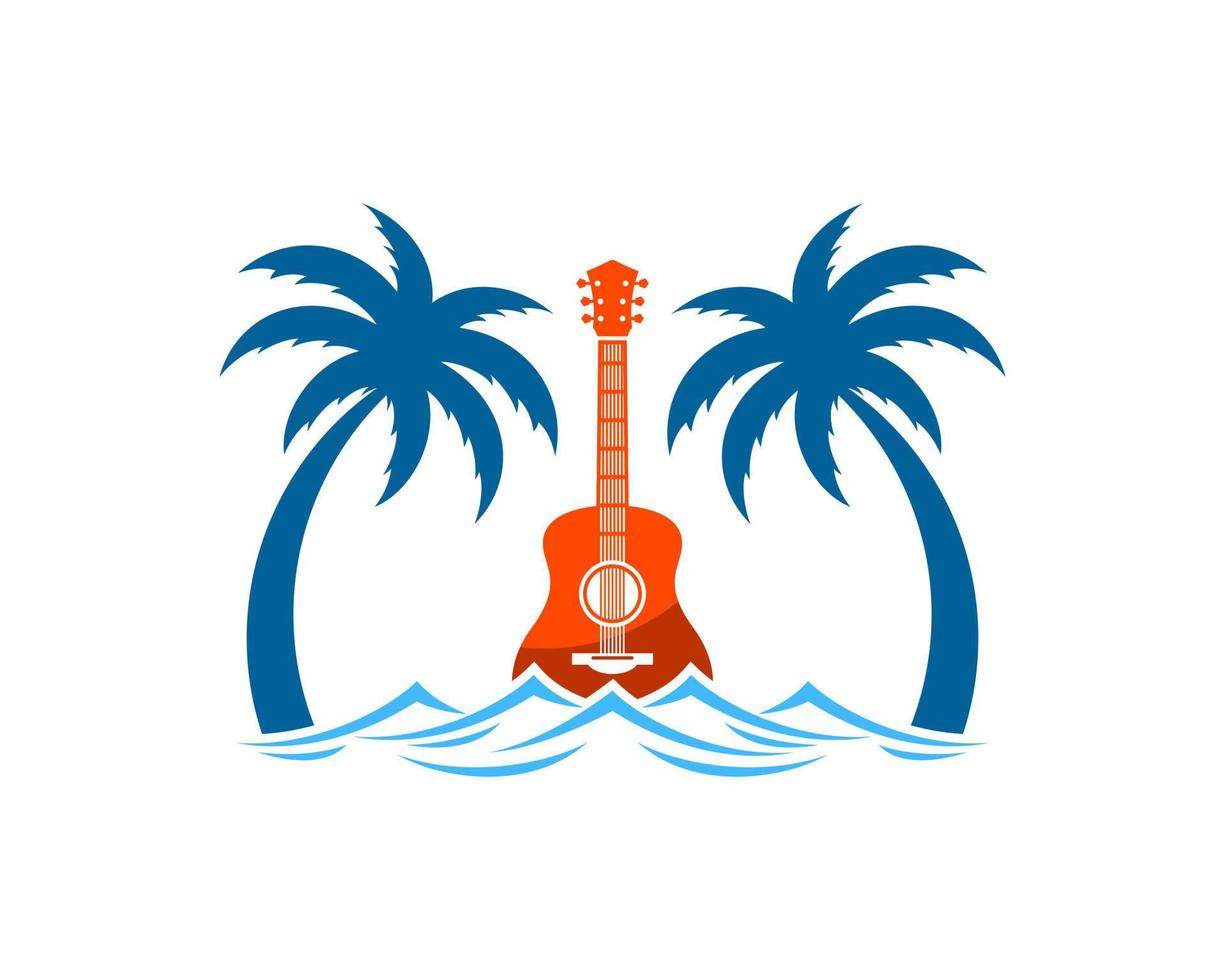 palmboom met strandgolf en gitaar erin vector