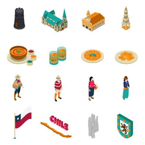 Chili toeristische bezienswaardigheden isometrische Icons Set vector