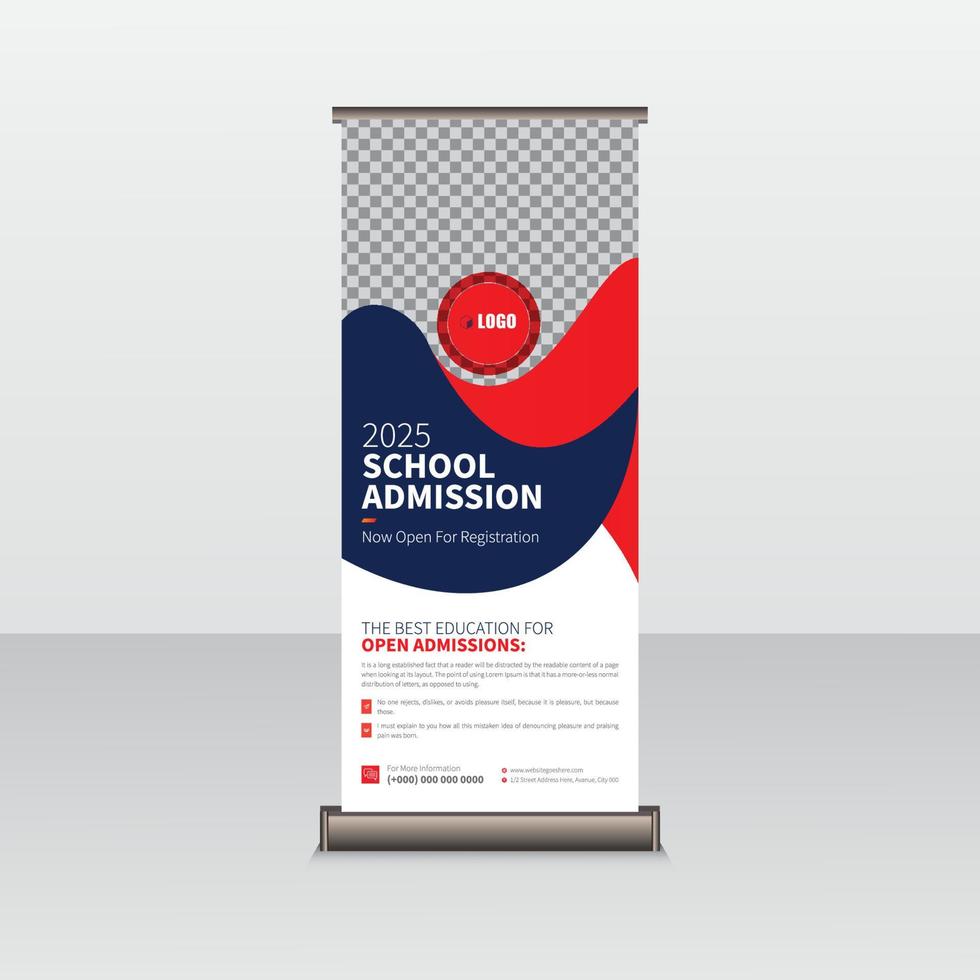 sjabloon voor spandoek oprollen. school toelating promotionele roll-up banner ontwerp. terug naar school rollup banner en poster sjabloon. vector