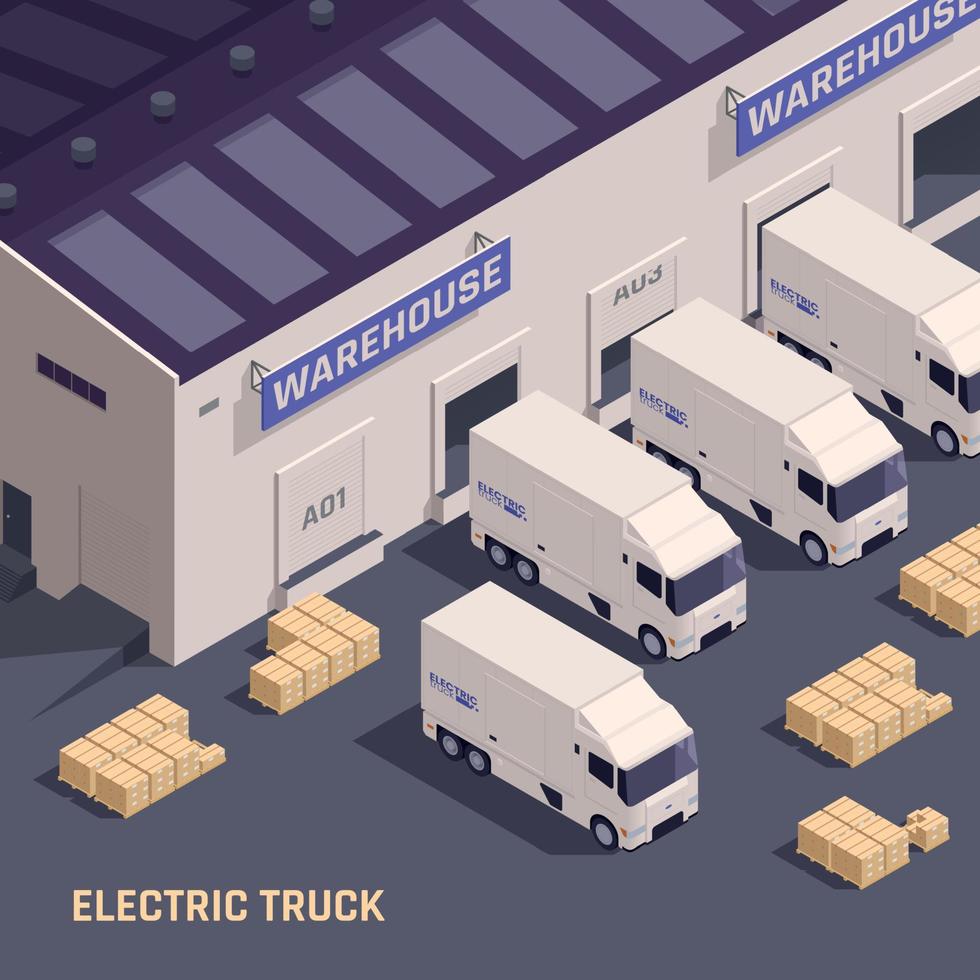 elektrische vrachtwagen isometrische samenstelling vector