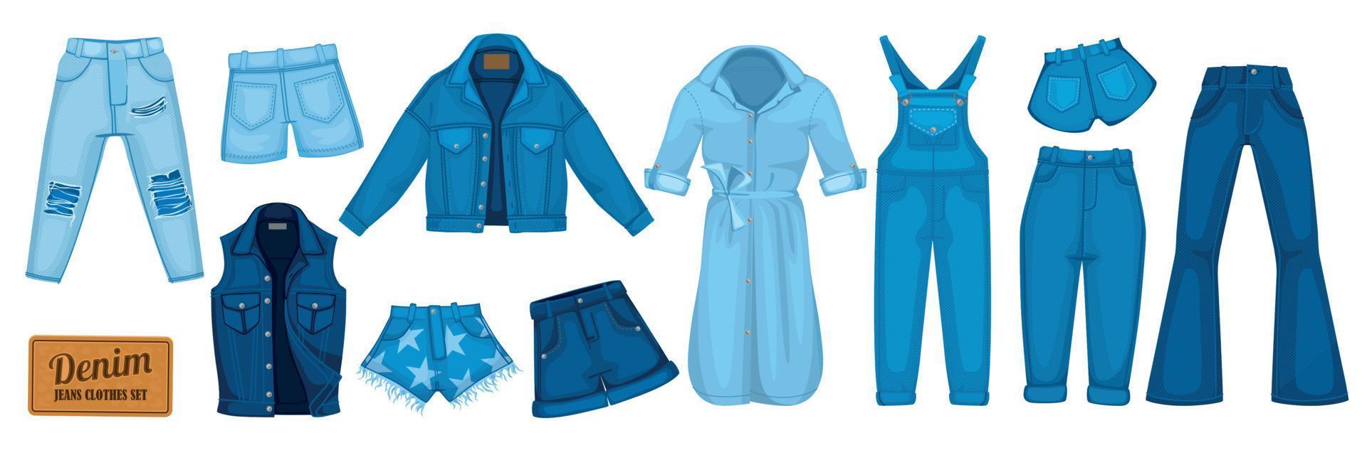 denim kleding platte set vector