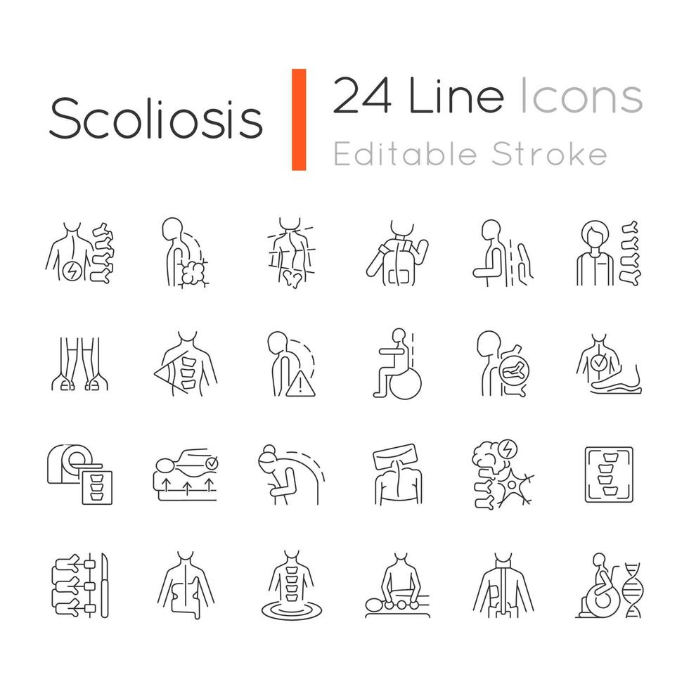 scoliose lineaire pictogrammen instellen. scoliose stadia en typen. lichamelijke handicap. kromming van de wervelkolom. aanpasbare dunne lijncontoursymbolen. geïsoleerde vectoroverzichtsillustraties. bewerkbare streek vector