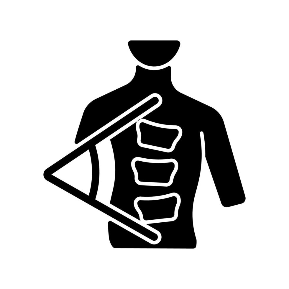 cobb methode zwarte glyph pictogram. cobb hoek. scoliose graad meting. wervelkolom kromming hoekberekening. bereik van de ruggengraatvervorming. silhouet symbool op witte ruimte. vector geïsoleerde illustratie