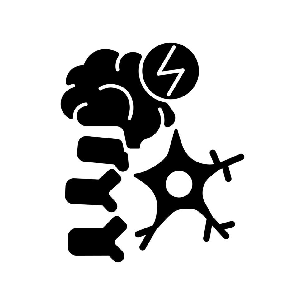 neuromusculair zwart glyph-pictogram. hersen- en zenuwbeschadiging. spier problemen. neurologische ziekte. bewegingsstoornis. ruggengraat letsel. silhouet symbool op witte ruimte. vector geïsoleerde illustratie