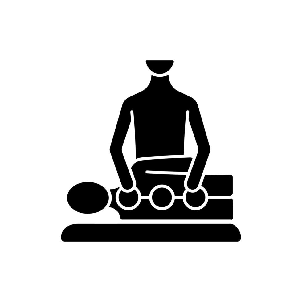 chiropractische zorg zwarte glyph pictogram. behandeling van mechanische aandoeningen. preventie van spinale problemen. zorgprocedure. silhouet symbool op witte ruimte. vector geïsoleerde illustratie