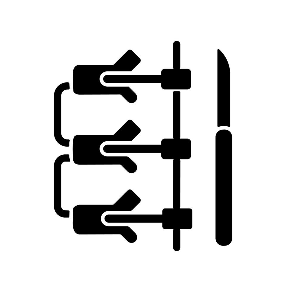 spinale fusie zwarte glyph-pictogram. wervelkolom wervels verbindende operatie. ruggengraatcorrectie chirurgische procedure. orthopedische operatie. silhouet symbool op witte ruimte. vector geïsoleerde illustratie