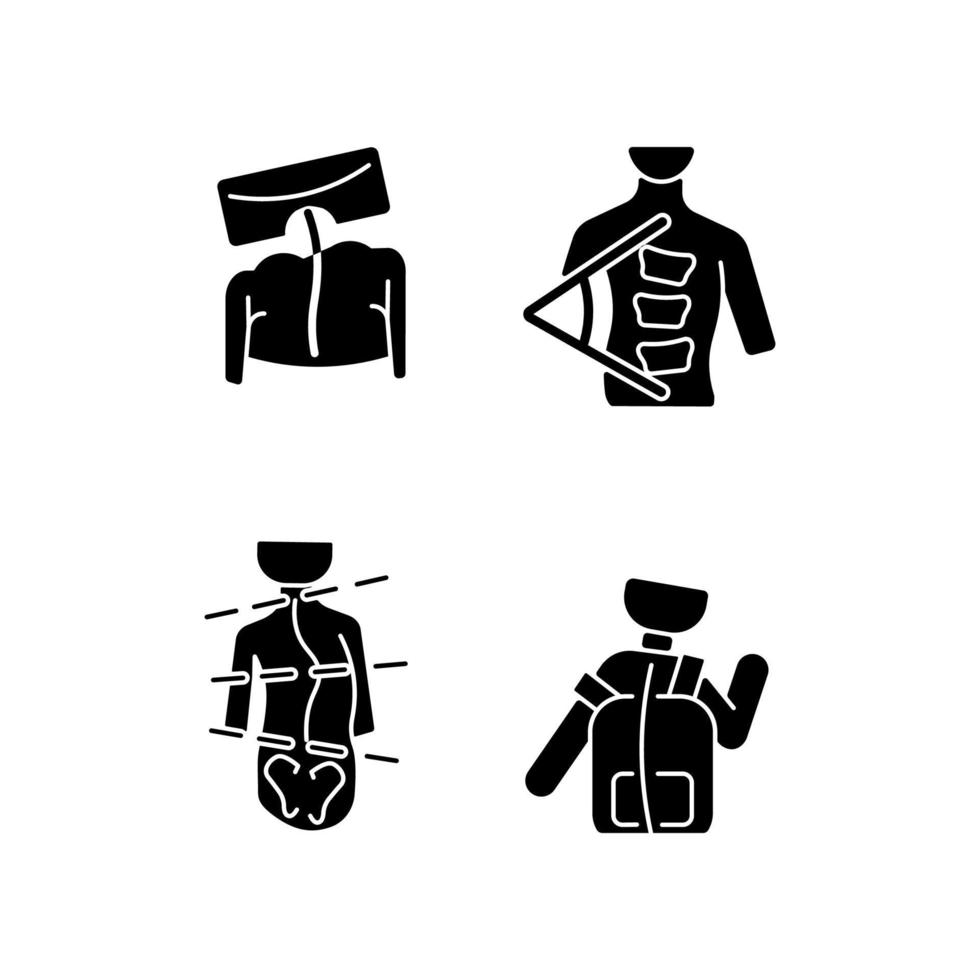 wervelkolom kromming maatregel zwarte glyph pictogrammen instellen op witruimte. cobb hoek. methode voor het testen van de wervelkolom. meting van de ribbult. scoliose veroorzaakt. silhouet symbolen. vector geïsoleerde illustratie