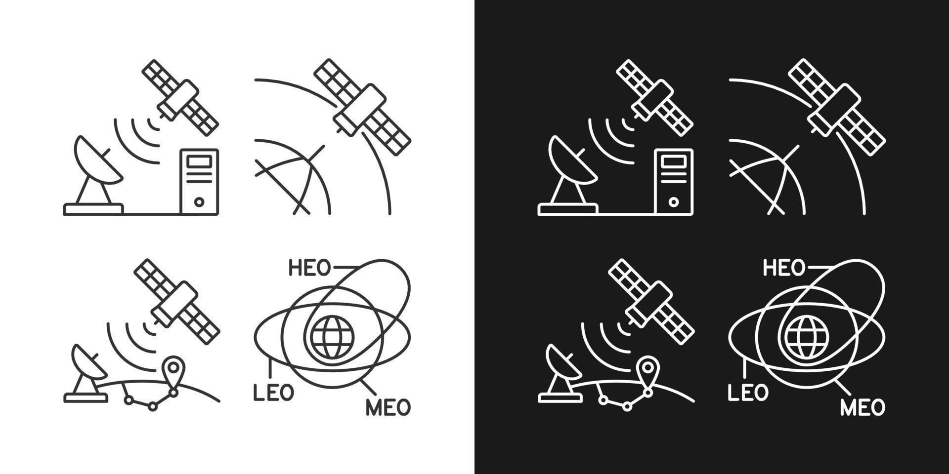satellietradionavigatie lineaire pictogrammen ingesteld voor donkere en lichte modus. protocolnormen voor transmissiecontrole. aanpasbare dunne lijn symbolen. geïsoleerde vectoroverzichtsillustraties. bewerkbare streek vector