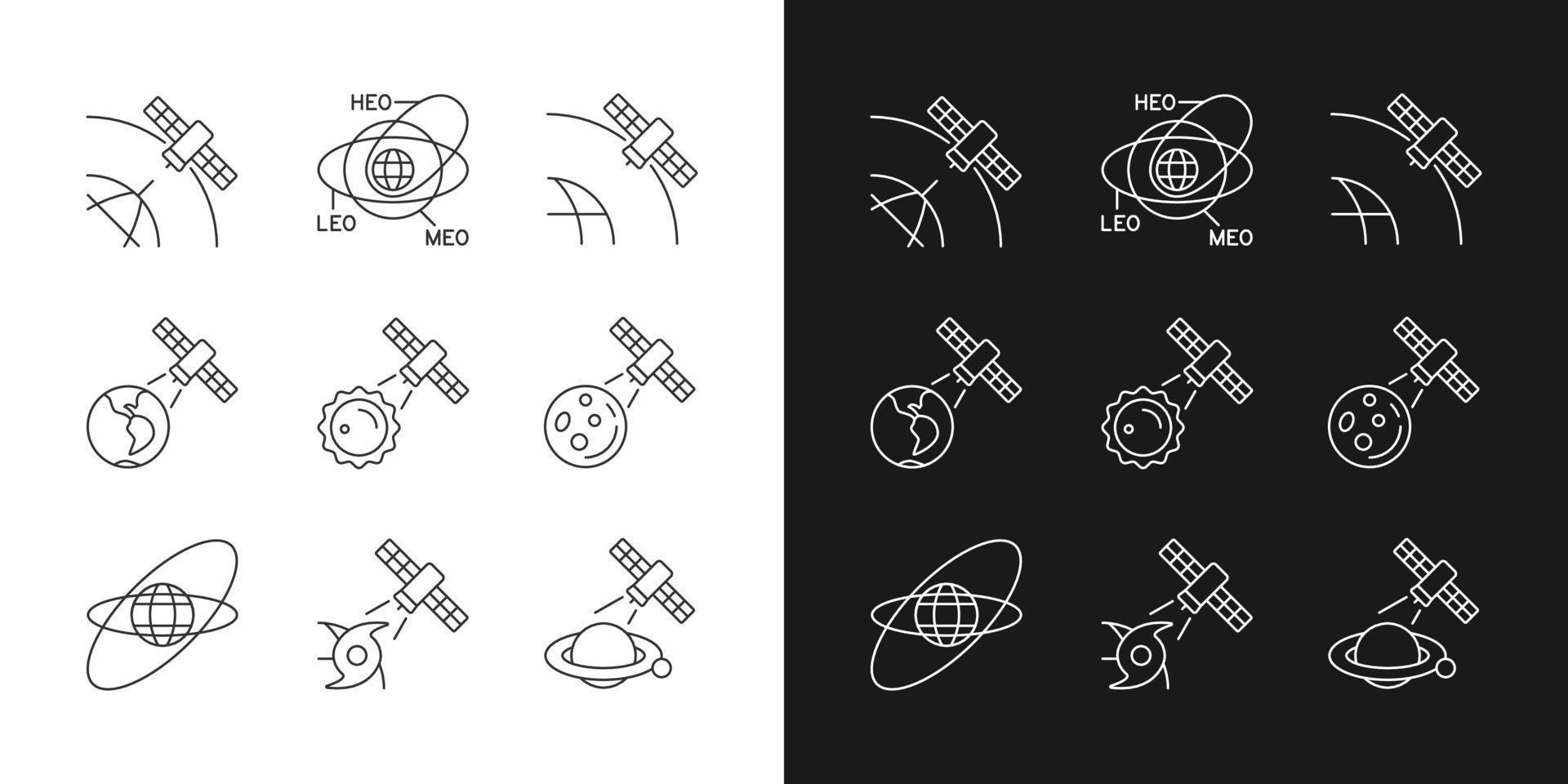 satellieten functies lineaire pictogrammen ingesteld voor donkere en lichte modus. wereldwijde telecommunicatienetwerkverbinding. aanpasbare dunne lijn symbolen. geïsoleerde vectoroverzichtsillustraties. bewerkbare streek vector