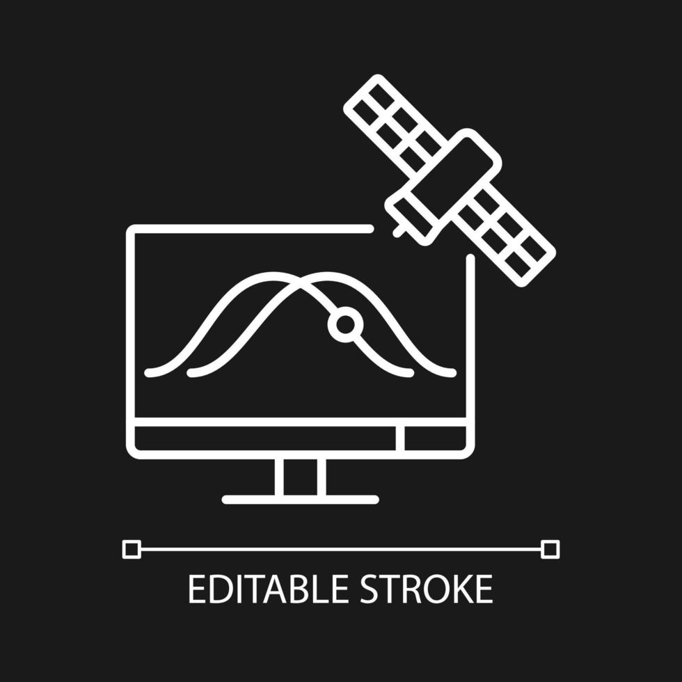 satellietvolgsysteem wit lineair pictogram voor donker thema. kunstmatige satellieten draaien om observatie. dunne lijn aanpasbare illustratie. geïsoleerd vectorcontoursymbool voor nachtmodus. bewerkbare streek vector