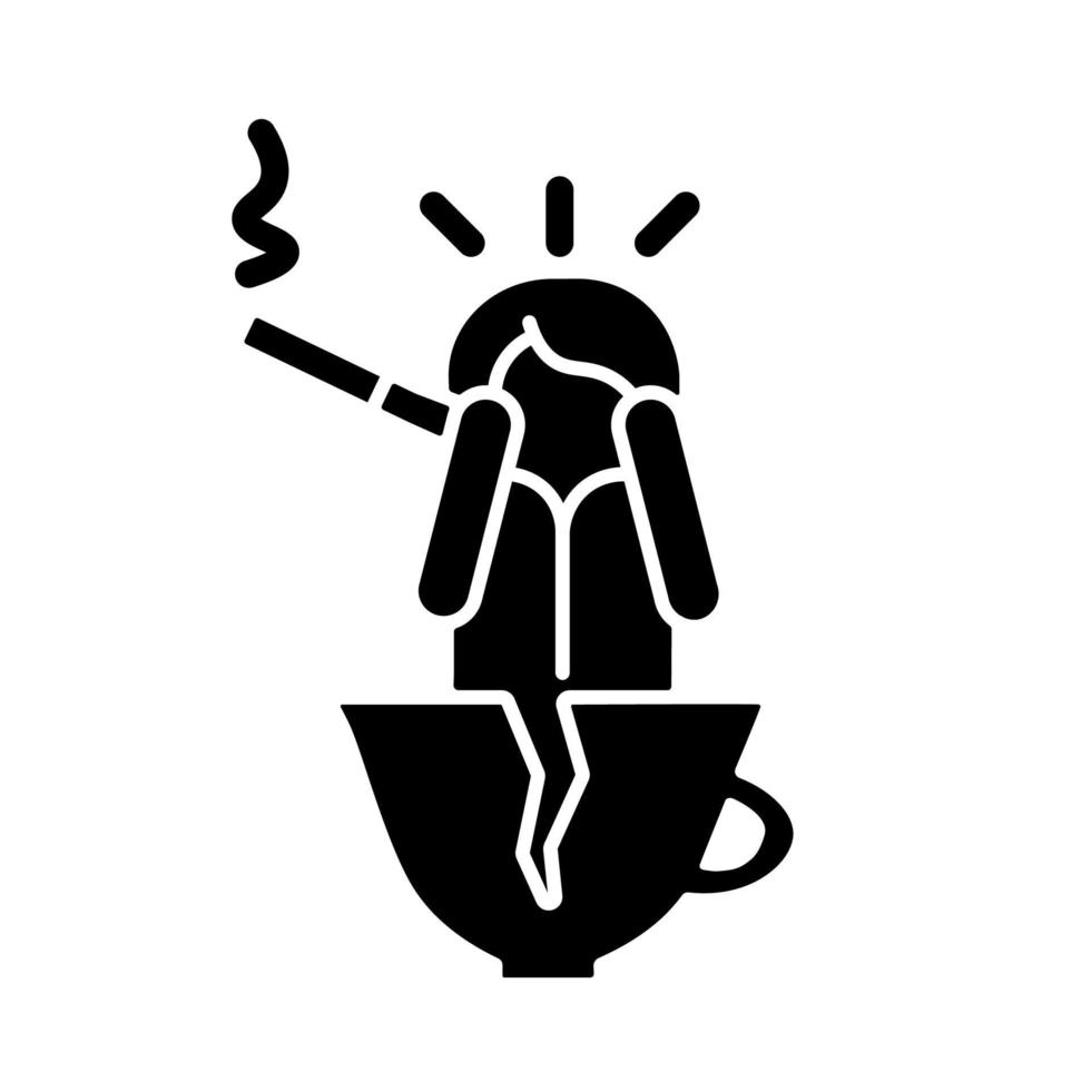 koffie en nicotine terwijl paniek een zwart glyph-pictogram veroorzaakt. sigaretten en cafeïne kunnen leiden tot angst. mentale en fysieke gezondheidsproblemen. silhouet symbool op witte ruimte. vector geïsoleerde illustratie