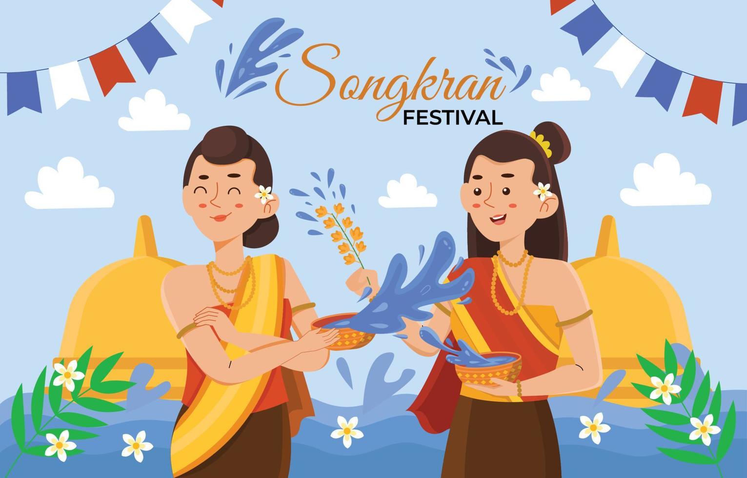 twee vrouwen vieren songkran-festival vector