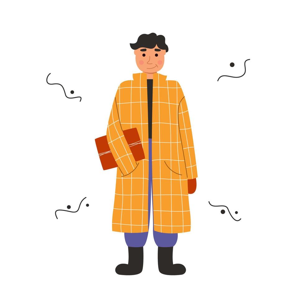 een man in winterkleren - een oranje jas met een cadeautje. winterkleren en stripfiguur. platte vectorillustratie vector