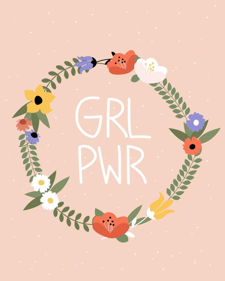 girl power. krans van schattige vintage bloemen op een roze achtergrond. vrouwenmacht, gelijkheid, internationale vrouwendag, 8 maart. platte vectorillustratie vector