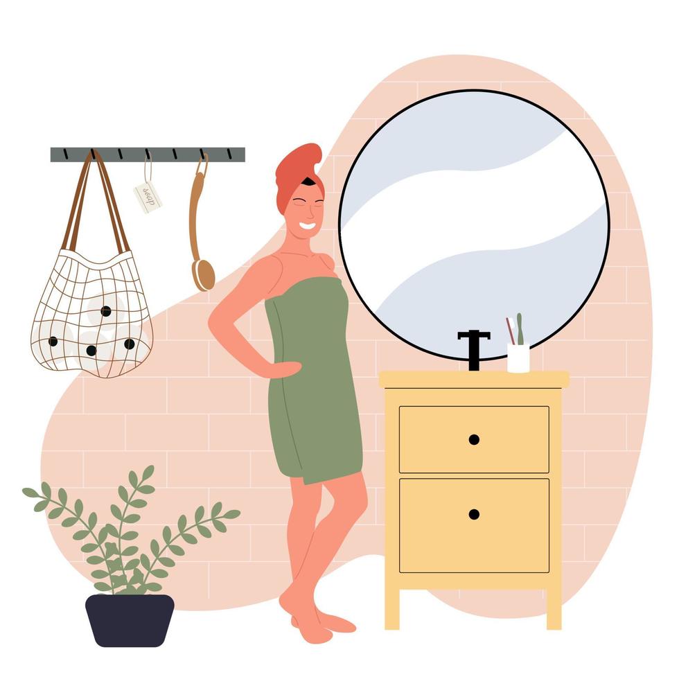 een vrolijk meisje met een handdoek op haar lichaam en een handdoek op haar haar kijkt in de spiegel en doet haar ochtendroutine. voor jezelf zorgen en douchen. schattig vectorillustratie. vector
