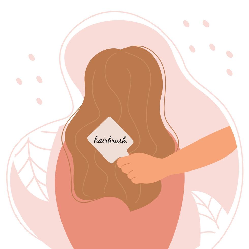 de vrouw zit met haar rug met prachtig krullend blond haar. kam je haar en verzorging. platte vectorillustratie. vector